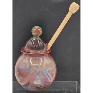 VINTAGE Hand Blown Multi-Colored Glass Honey Pot W/Red‎ Flower On Lid, & Dipper